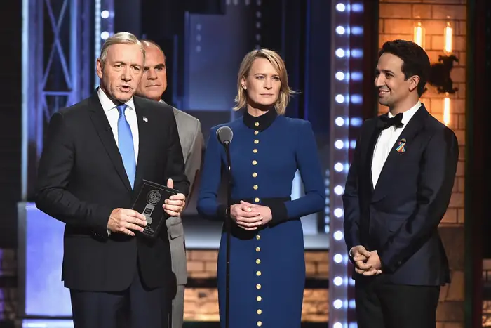 Kevin Spacey at Francis J. Underwood, Robin Wright as Claire Underwood and Lin-Manuel Miranda as game Tony Awards presenter<br>